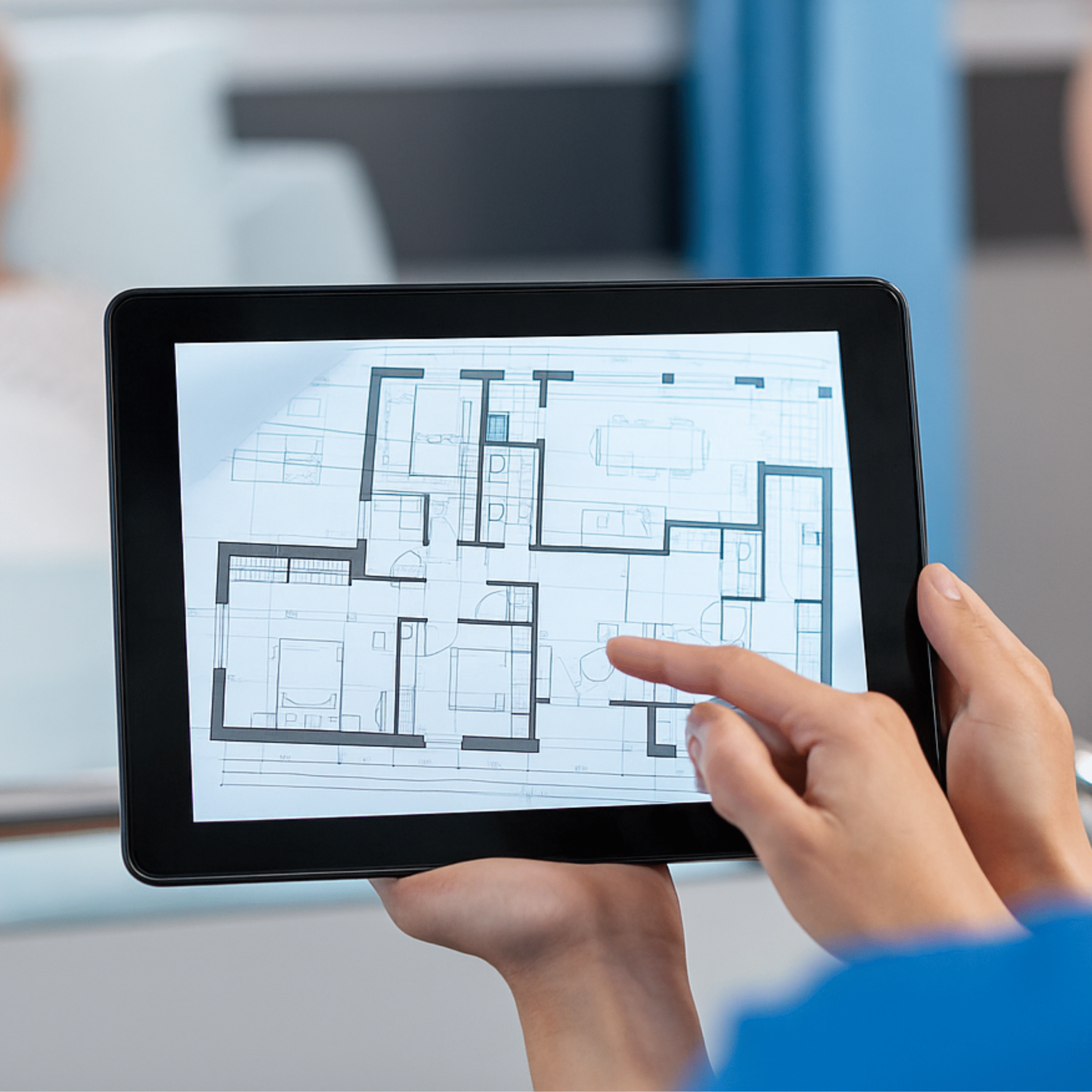 Plano arquitectónico en tablet para diseño hospitalario y consultorios médicos