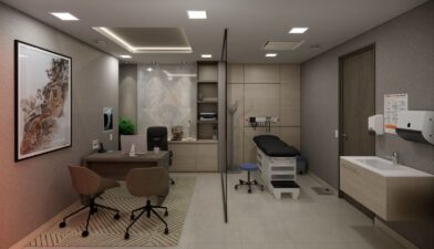 Sala de espera y consultorio médico moderno diseñado por DesignHealth Group